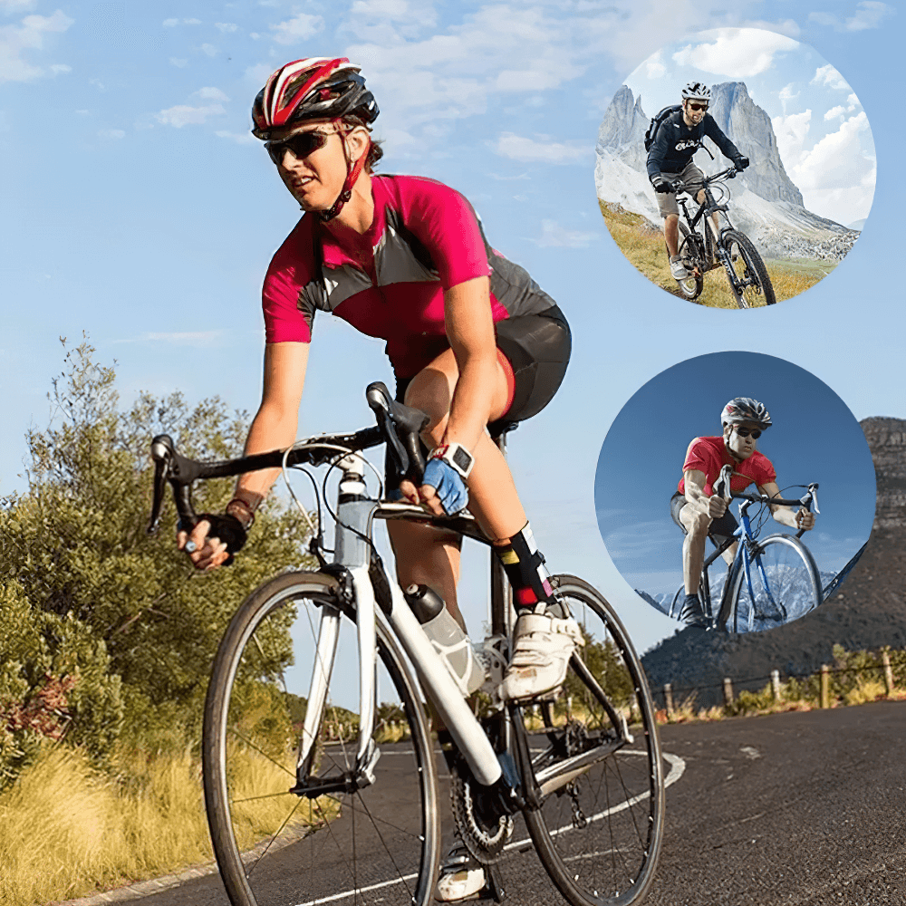 Cyclists enjoying road bike adventures in scenic landscapes under clear skies.